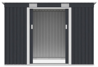 Widok na wnętrze domku narzędziowego OREGON 261x121cm Cold Grey przez otwarte drzwi