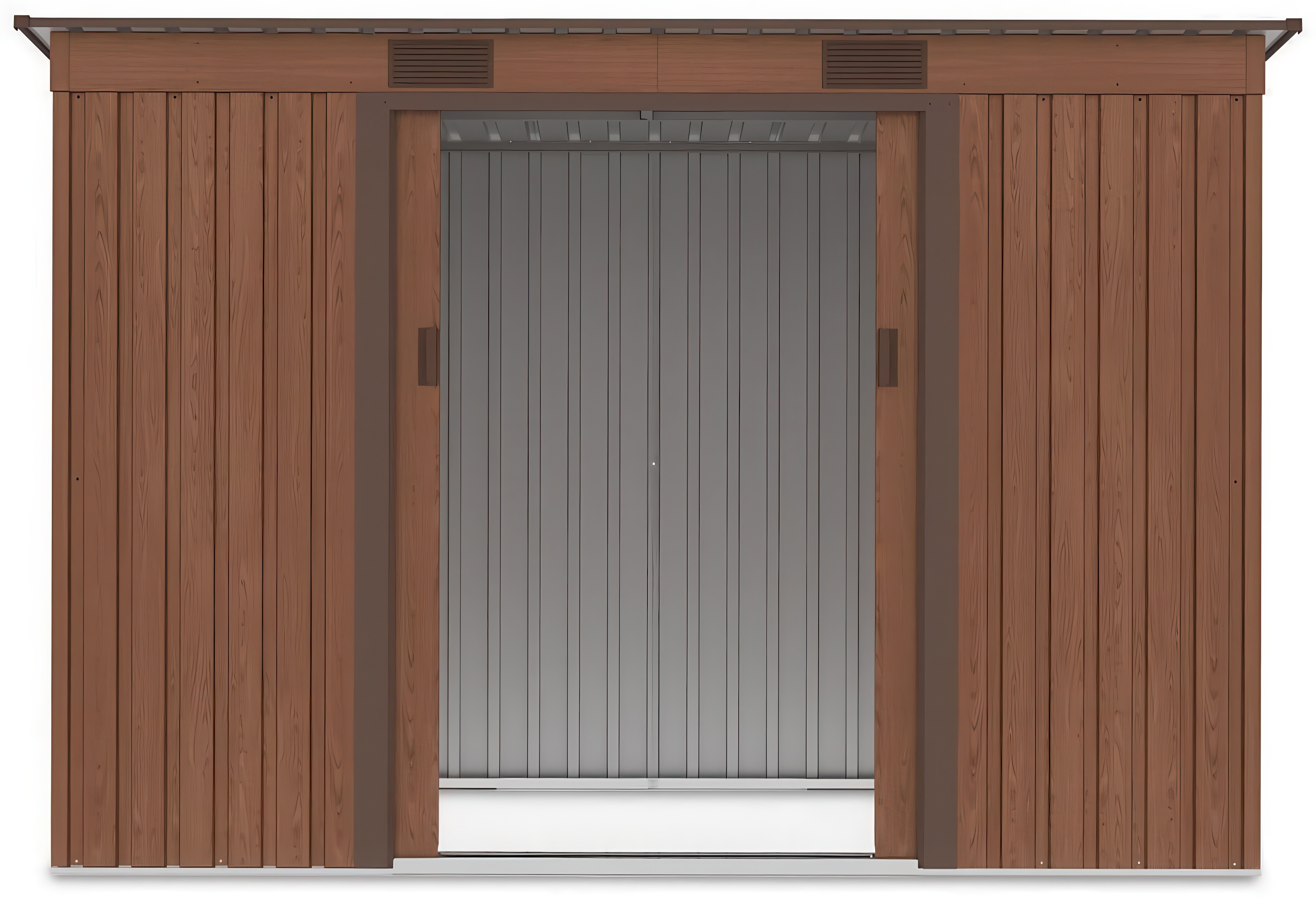 Widok na wnętrze domku narzędziowego OREGON 261x121cm Walnut przez otwarte drzwi