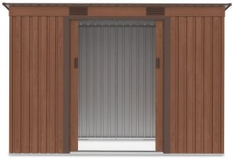 Widok na wnętrze domku narzędziowego OREGON 261x121cm Walnut przez otwarte drzwi