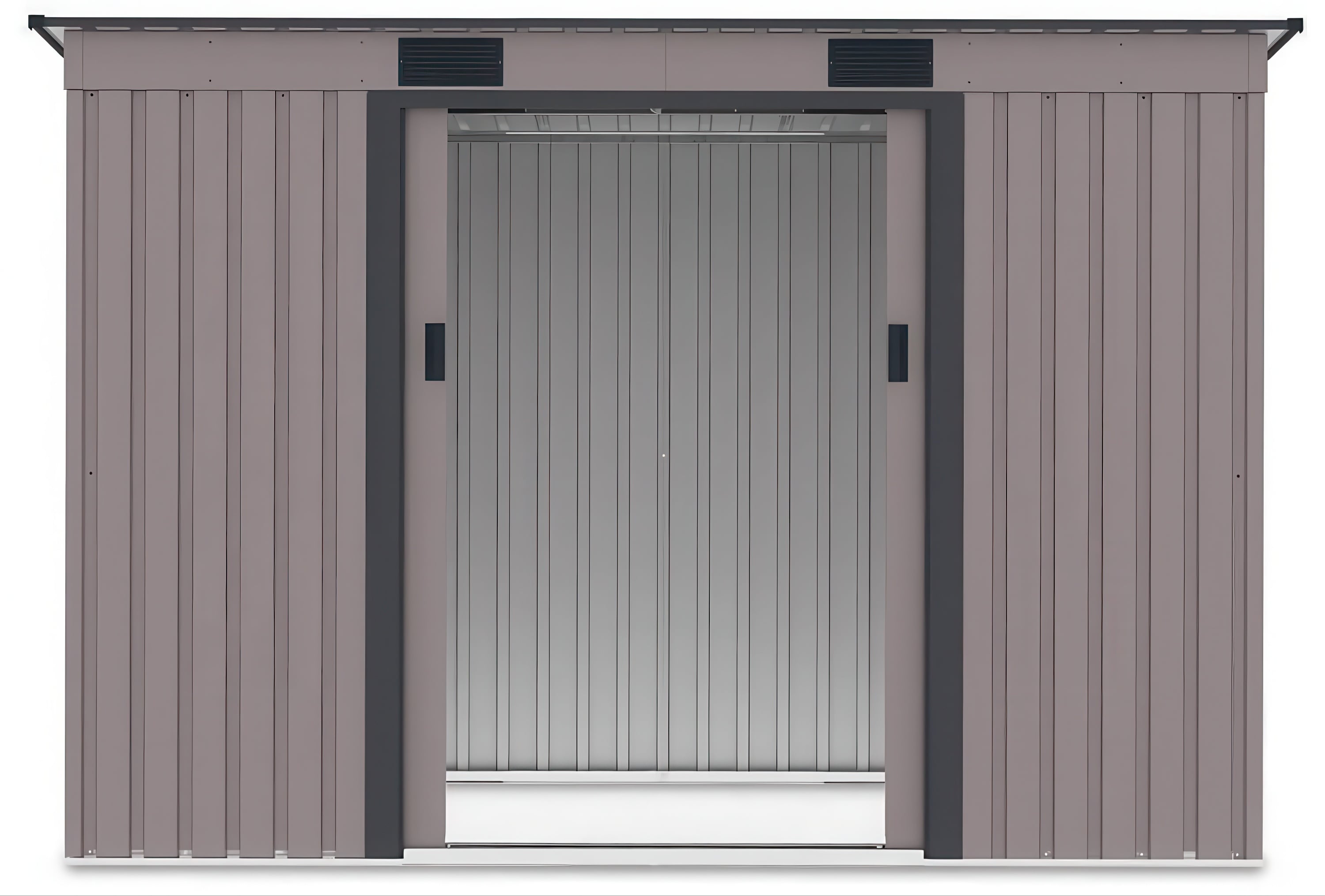 Widok na wnętrze domku narzędziowego OREGON 261x121cm Warm Grey przez otwarte drzwi