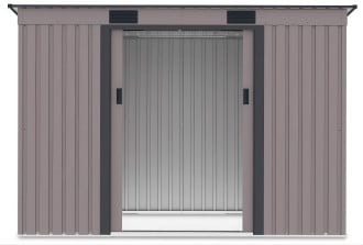 Widok na wnętrze domku narzędziowego OREGON 261x121cm Warm Grey przez otwarte drzwi