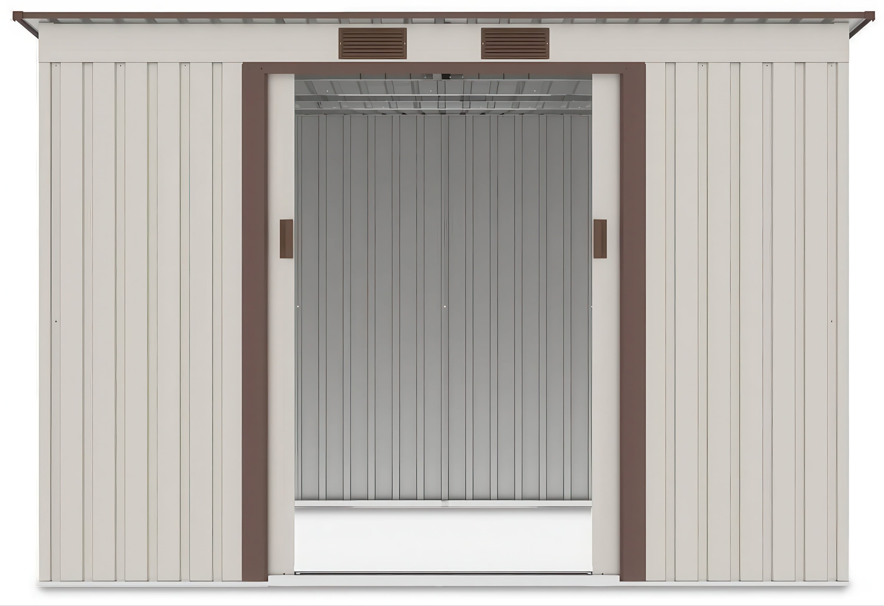 Widok na wnętrze domku narzędziowego OREGON 261x181cm Beige przez otwarte drzwi
