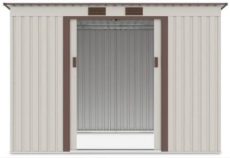 Widok na wnętrze domku narzędziowego OREGON 261x181cm Beige przez otwarte drzwi