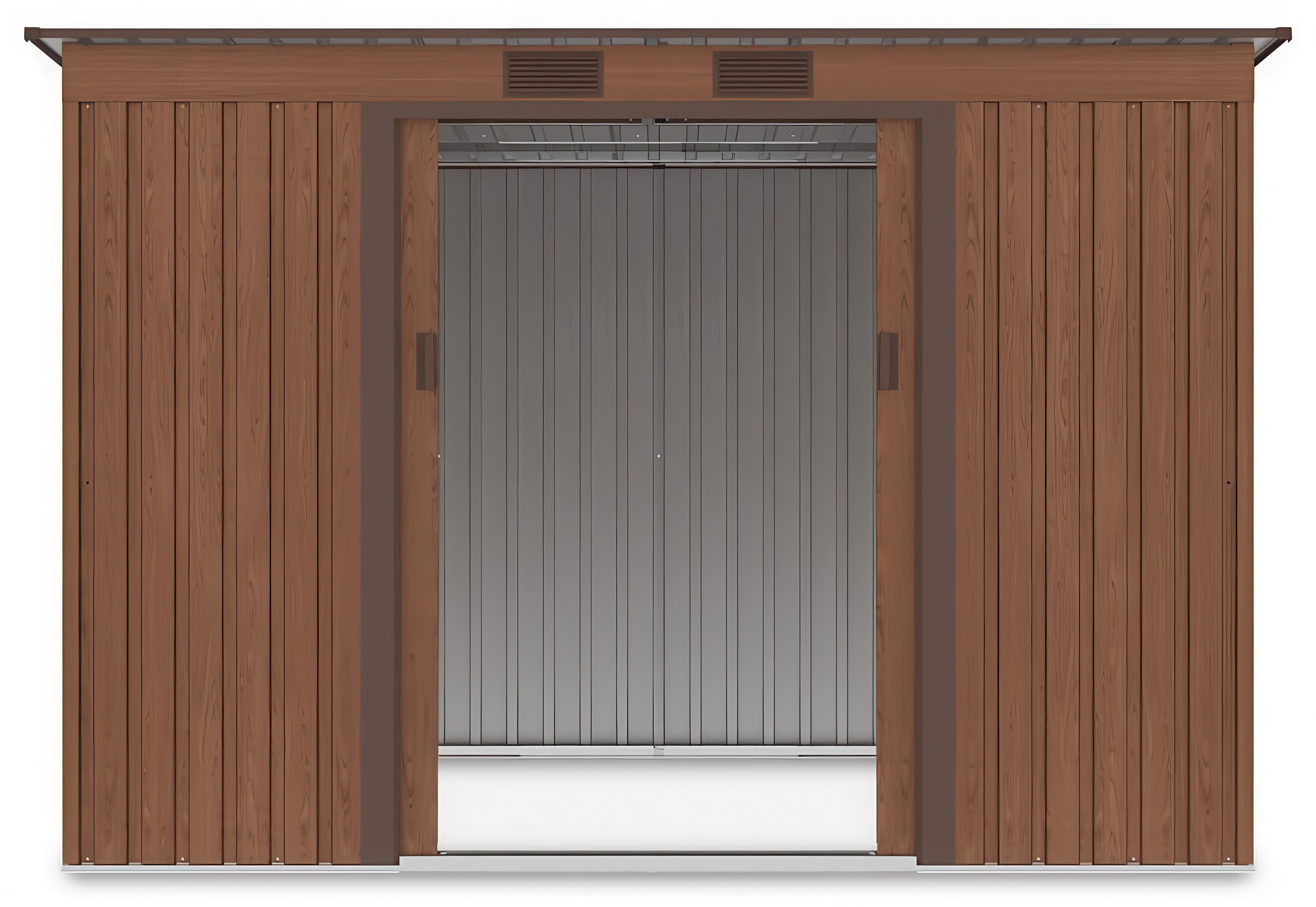 Widok na wnętrze domku narzędziowego OREGON 261x181cm Walnut przez otwarte drzwi