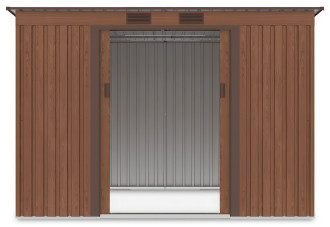 Widok na wnętrze domku narzędziowego OREGON 261x181cm Walnut przez otwarte drzwi