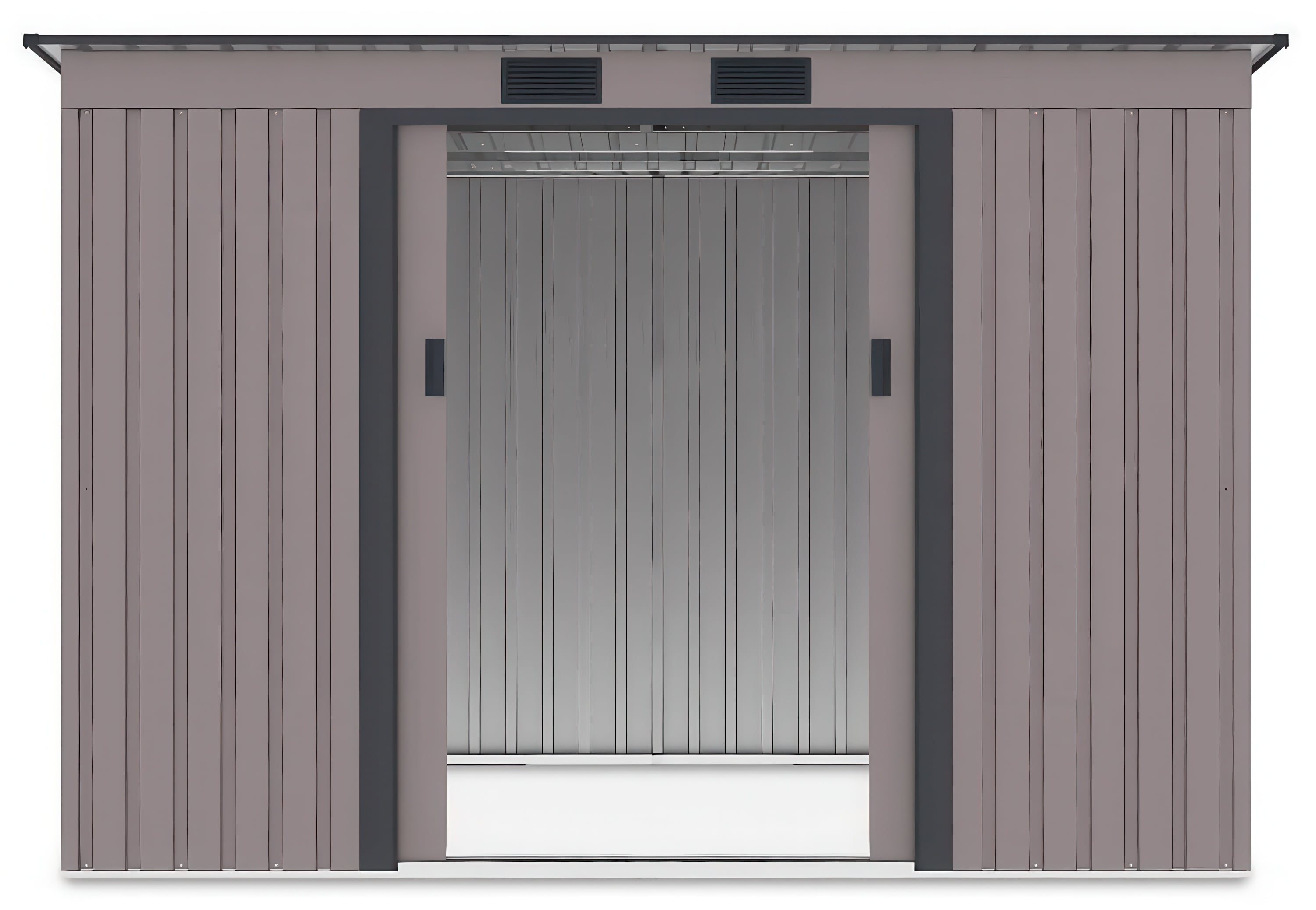 Widok na wnętrze domku narzędziowego OREGON 261x181cm Warm Grey przez otwarte drzwi
