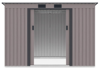 Widok na wnętrze domku narzędziowego OREGON 261x181cm Warm Grey przez otwarte drzwi