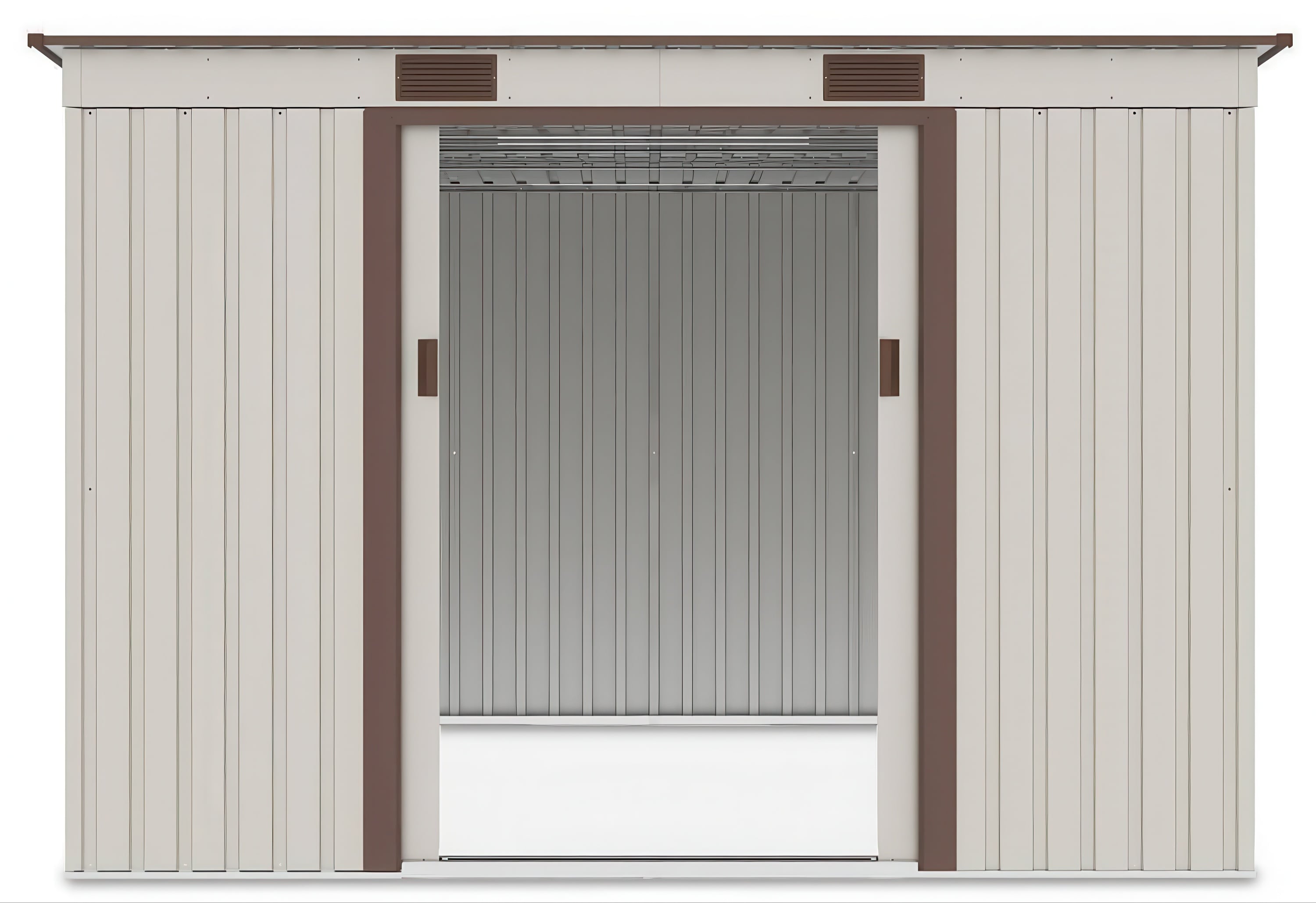 Widok na wnętrze domku narzędziowego OREGON 261x241cm Beige przez otwarte drzwi
