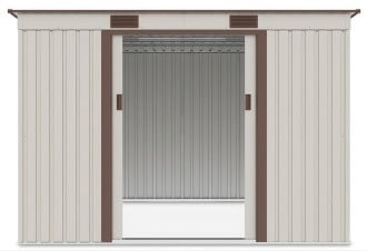 Widok na wnętrze domku narzędziowego OREGON 261x241cm Beige przez otwarte drzwi