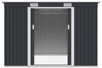 Widok na wnętrze domku narzędziowego OREGON 261x241cm Cold Grey przez otwarte drzwi