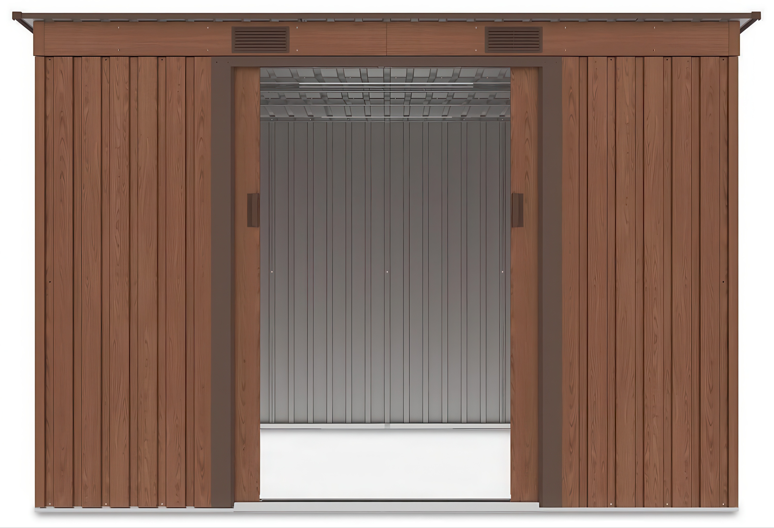 Widok na wnętrze domku narzędziowego OREGON 261x241cm Walnut przez otwarte drzwi