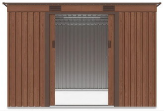 Widok na wnętrze domku narzędziowego OREGON 261x241cm Walnut przez otwarte drzwi