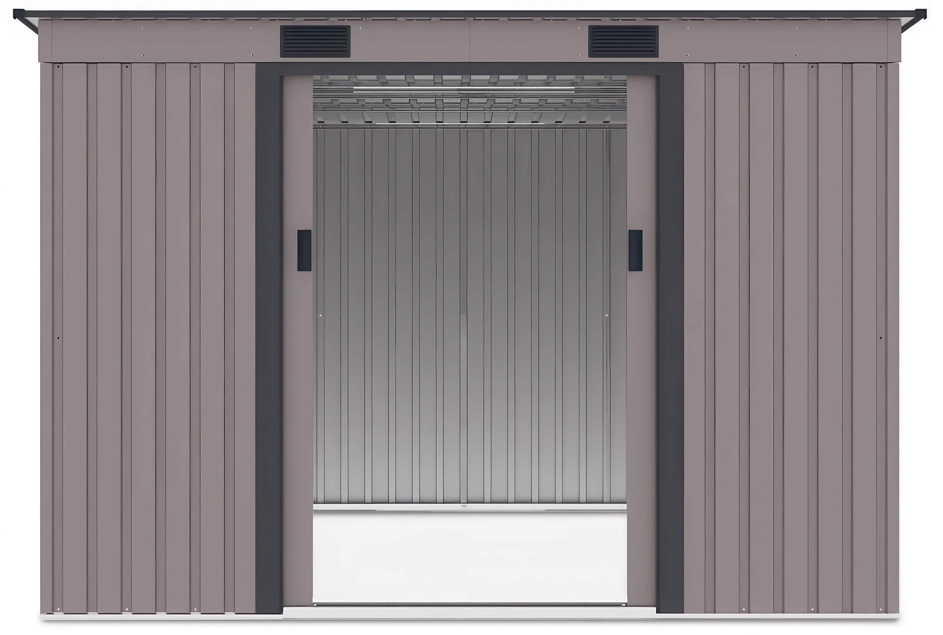 Widok na wnętrze domku narzędziowego OREGON 261x241cm Warm Grey przez otwarte drzwi