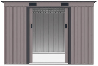 Widok na wnętrze domku narzędziowego OREGON 261x241cm Warm Grey przez otwarte drzwi