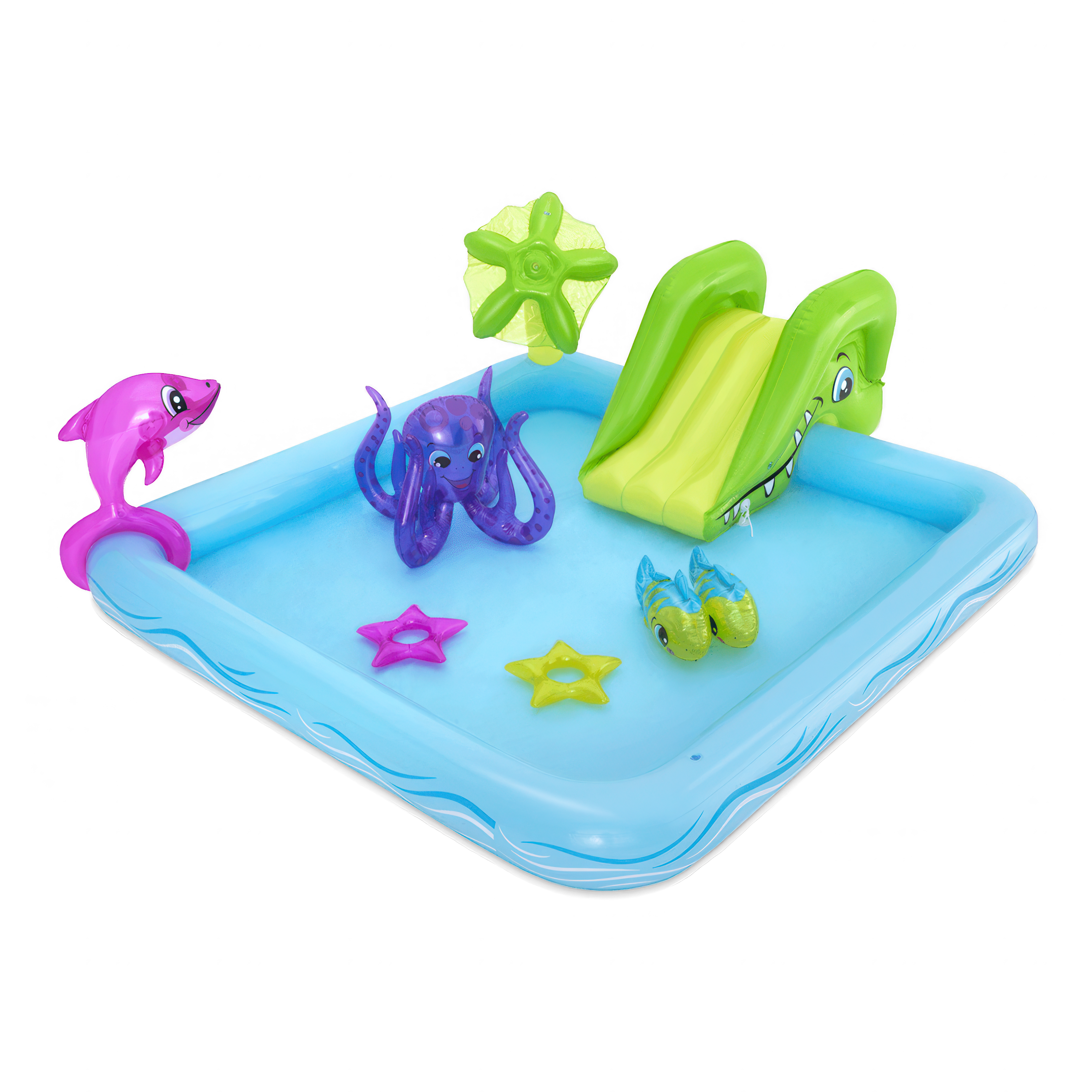 wodny plac zabaw dla małych dzieci ze zjeżdżalnią i zwierzętami morskimi w różnych kolorach