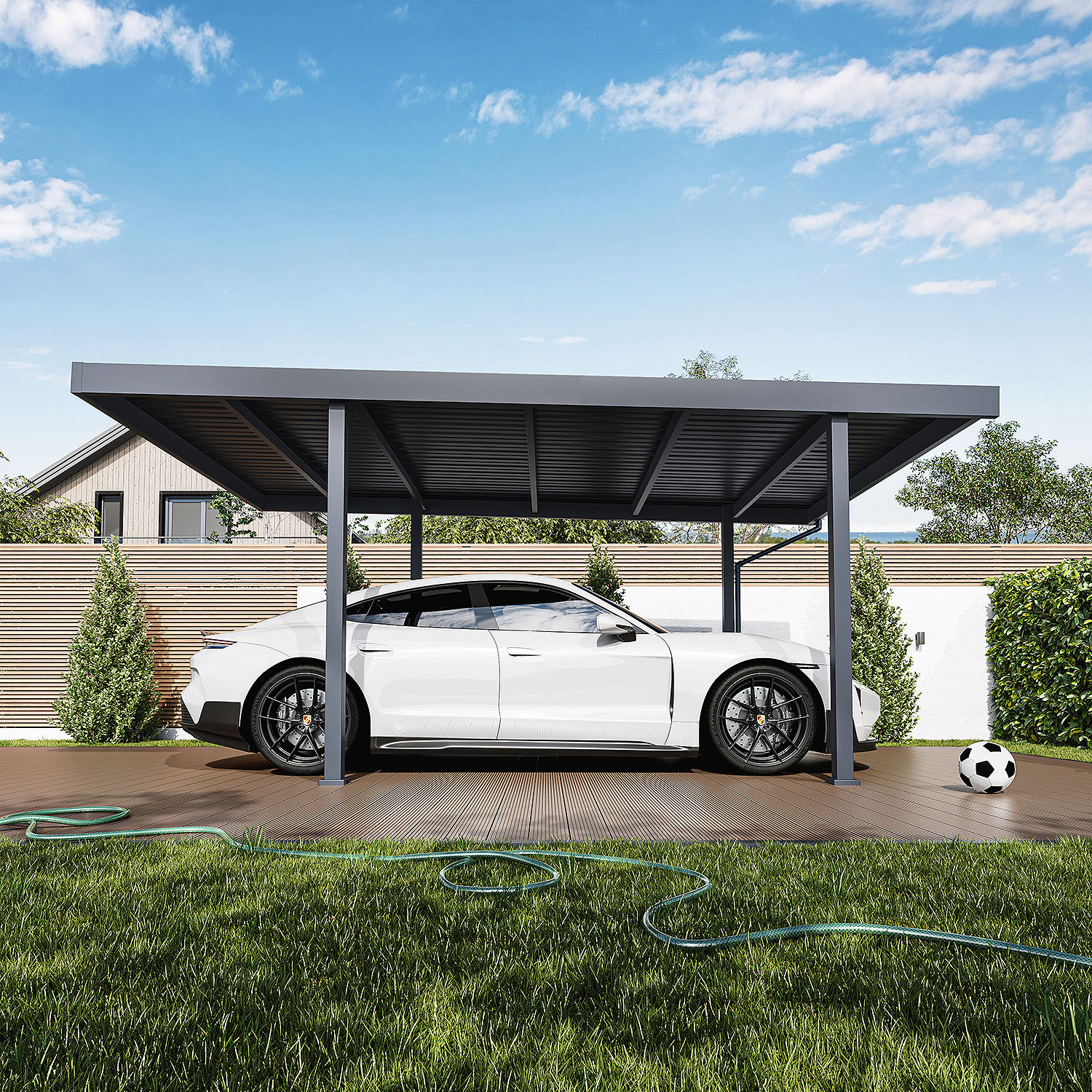 Wiata samochodowa stalowa antracyt widok boczny z autem na podjeździe aranżacja ogrodowa
