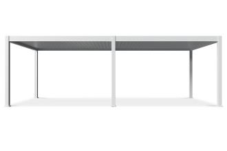 Widok frontowy pergoli z rozłożonym lamelowym dachem i szeroką konstrukcją modułową.