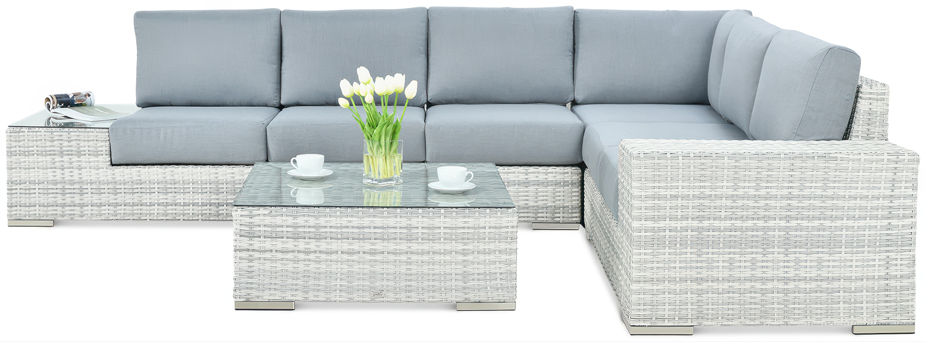 widok z boku na narożnik technorattan AVOCADO white grey