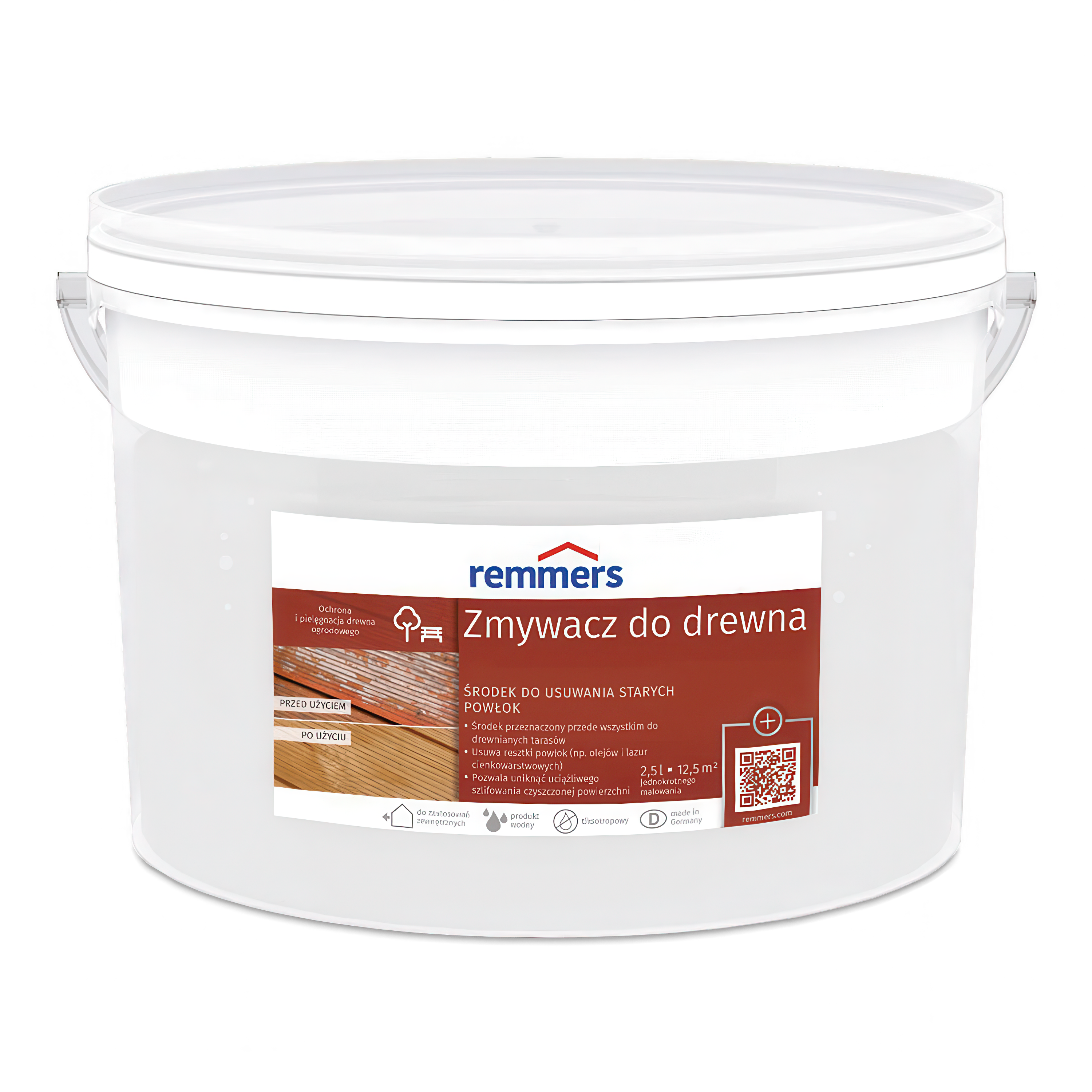 zmywacz powłok do drewna w białym wiadrze z czerwoną etykietą 