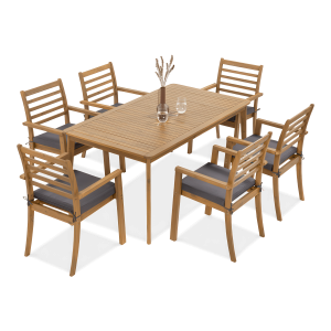 zestaw jadalniany drewniany z sześcioma krzesłami oraz prostokątnym stołem