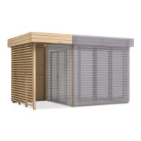 nowoczesny domek ogrodowy drewniany w naturalnym kolorze, z płaskim dachem i ażurową ścianką boczną, wizualizacja 3D z przeźroczystą częścią konstrukcji