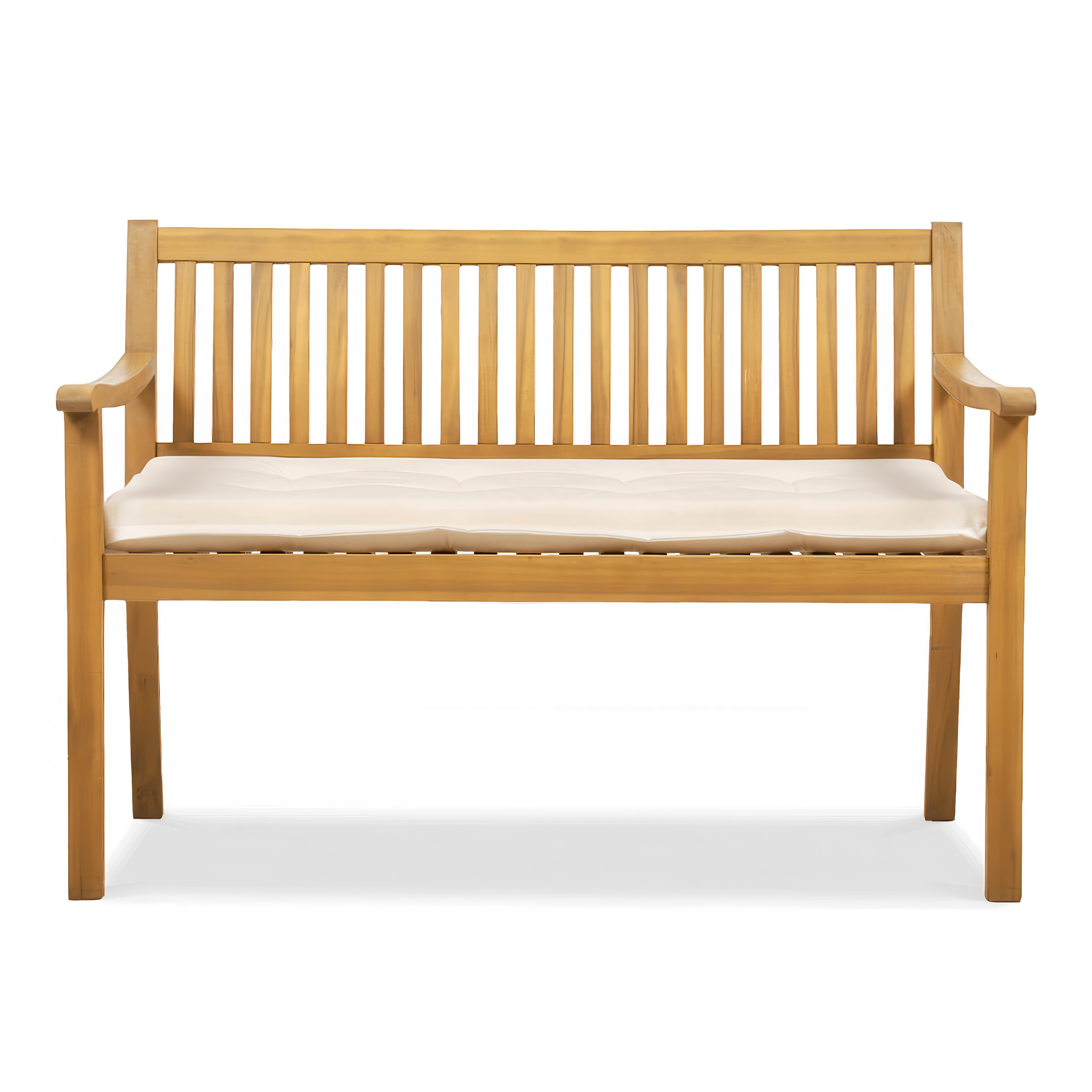 drewniana ławka ogrodowa z jasną poduszką