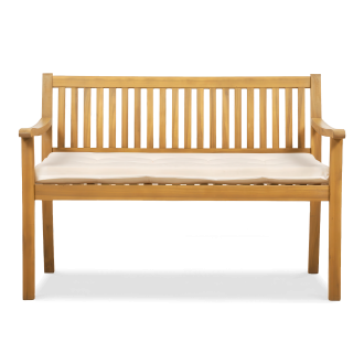 drewniana ławka ogrodowa z jasną poduszką