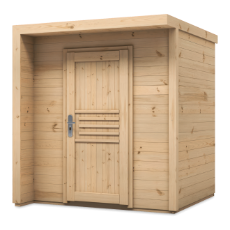 Drewniany domek ogrodowy z nowoczesnym płaskim dachem i pełnymi drzwiami wejściowymi