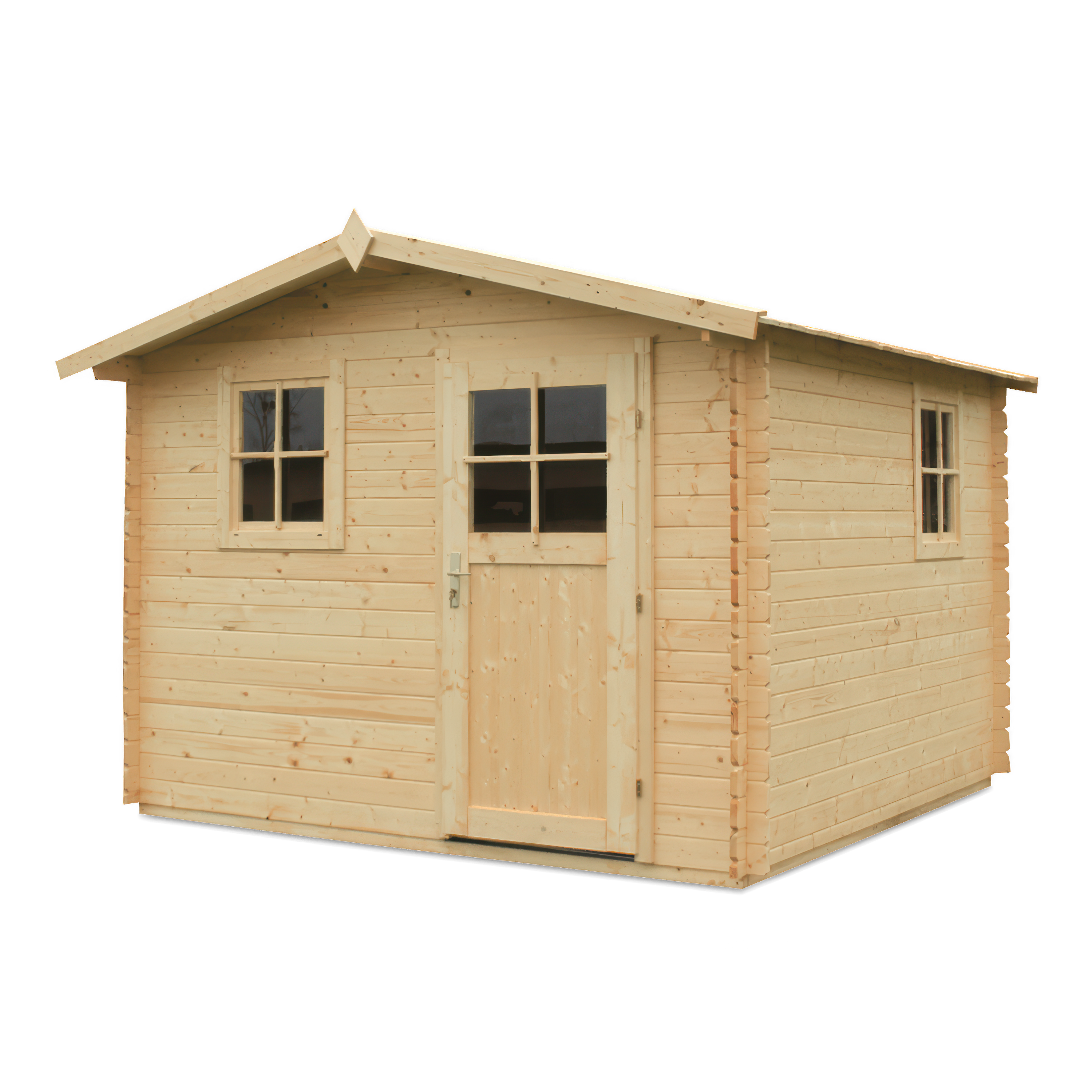 Domek ogrodowy drewniany z dwuspadowym dachem, drzwiami i oknami ze szprosami