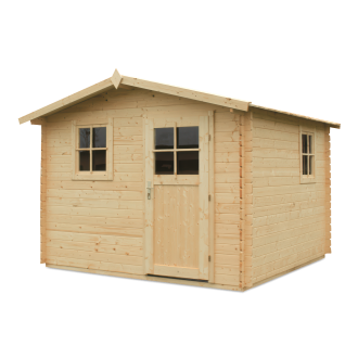 Domek ogrodowy drewniany z dwuspadowym dachem, drzwiami i oknami ze szprosami