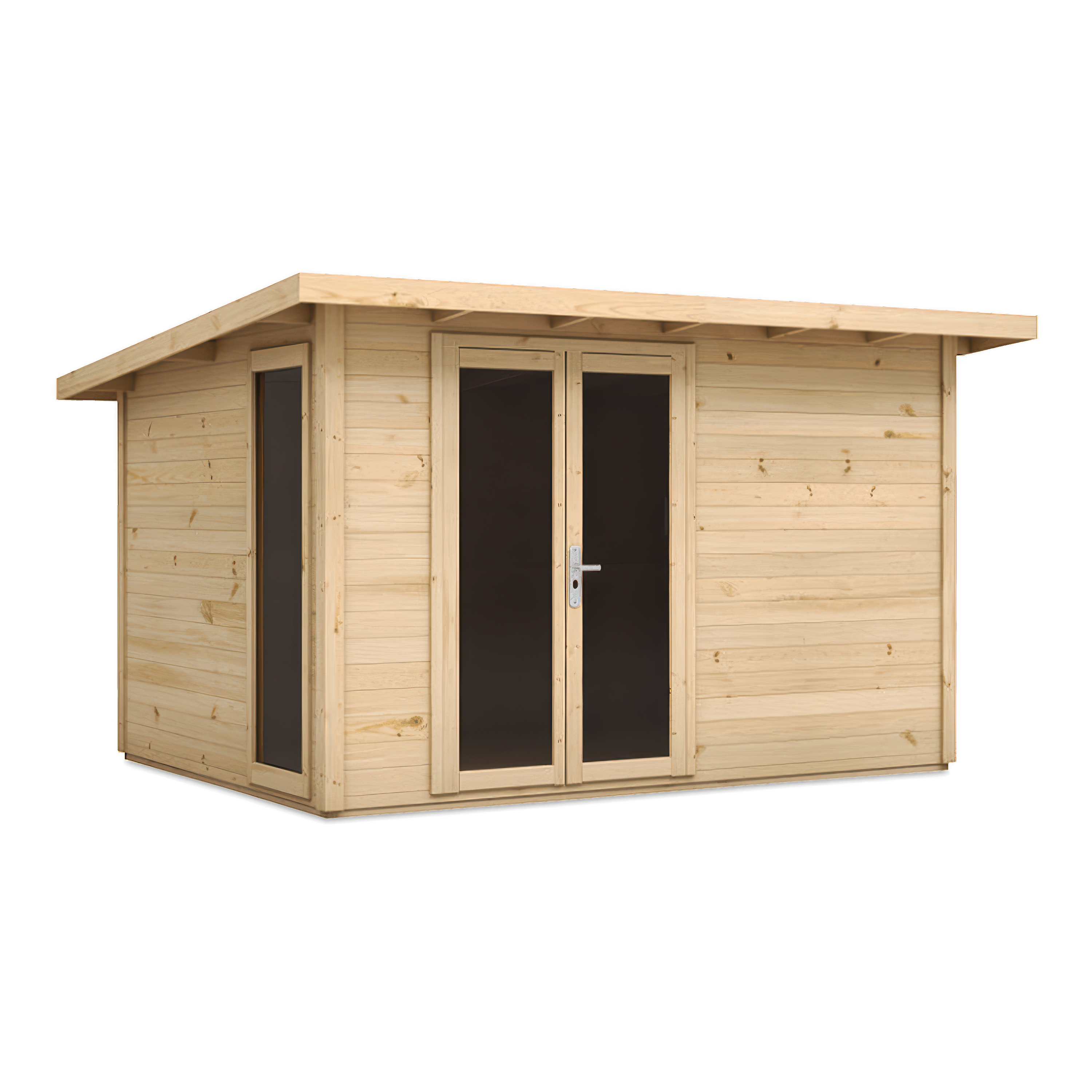 Drewniany domek ogrodowy z płaskim dachem i podwójnymi drzwiami z przeszkleniami.