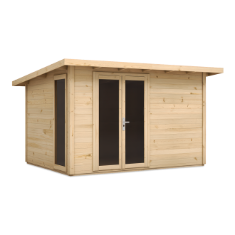 Drewniany domek ogrodowy z płaskim dachem i podwójnymi drzwiami z przeszkleniami.