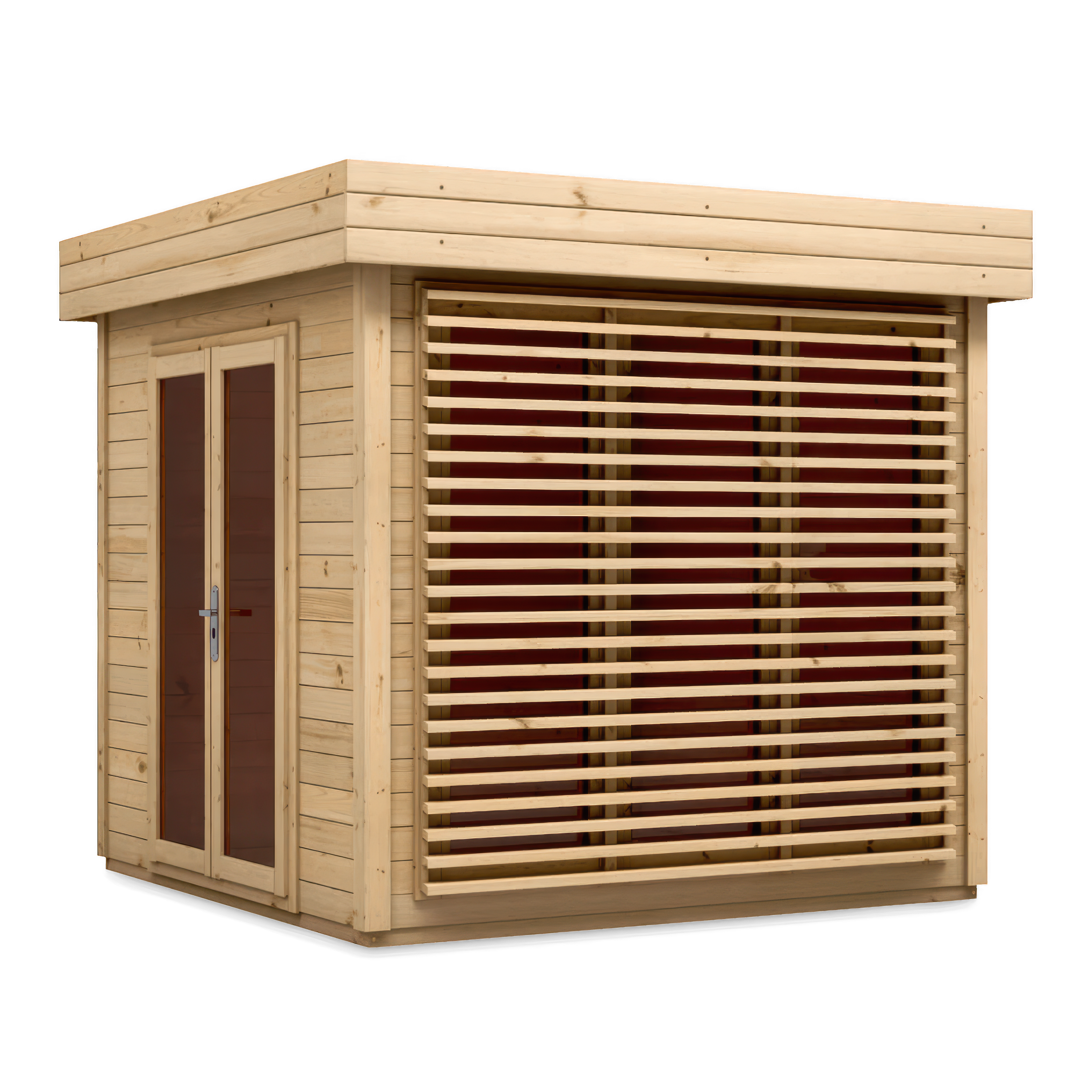 Domek ogrodowy drewniany z płaskim dachem, przeszklonymi drzwiami i ażurową osłoną na dużym oknie