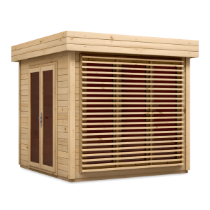 Domek ogrodowy drewniany z płaskim dachem, przeszklonymi drzwiami i ażurową osłoną na dużym oknie