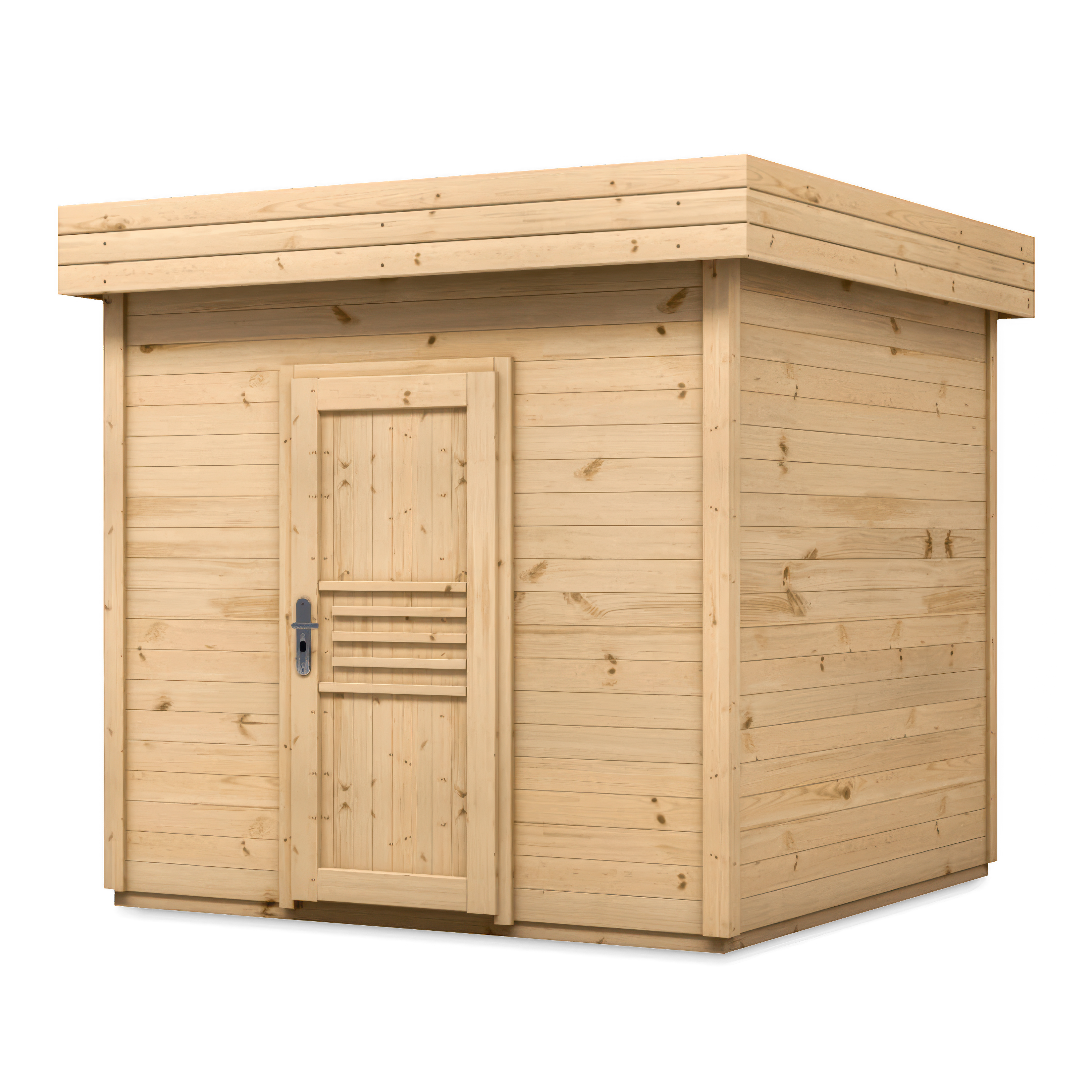 domek ogrodowy drewniany z płaskim dachem, naturalny kolor drewna, drzwi z poziomymi ozdobnymi listwami i metalową klamką