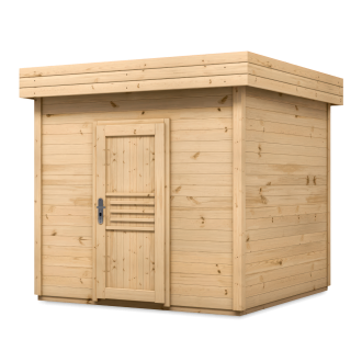 domek ogrodowy drewniany z płaskim dachem, naturalny kolor drewna, drzwi z poziomymi ozdobnymi listwami i metalową klamką