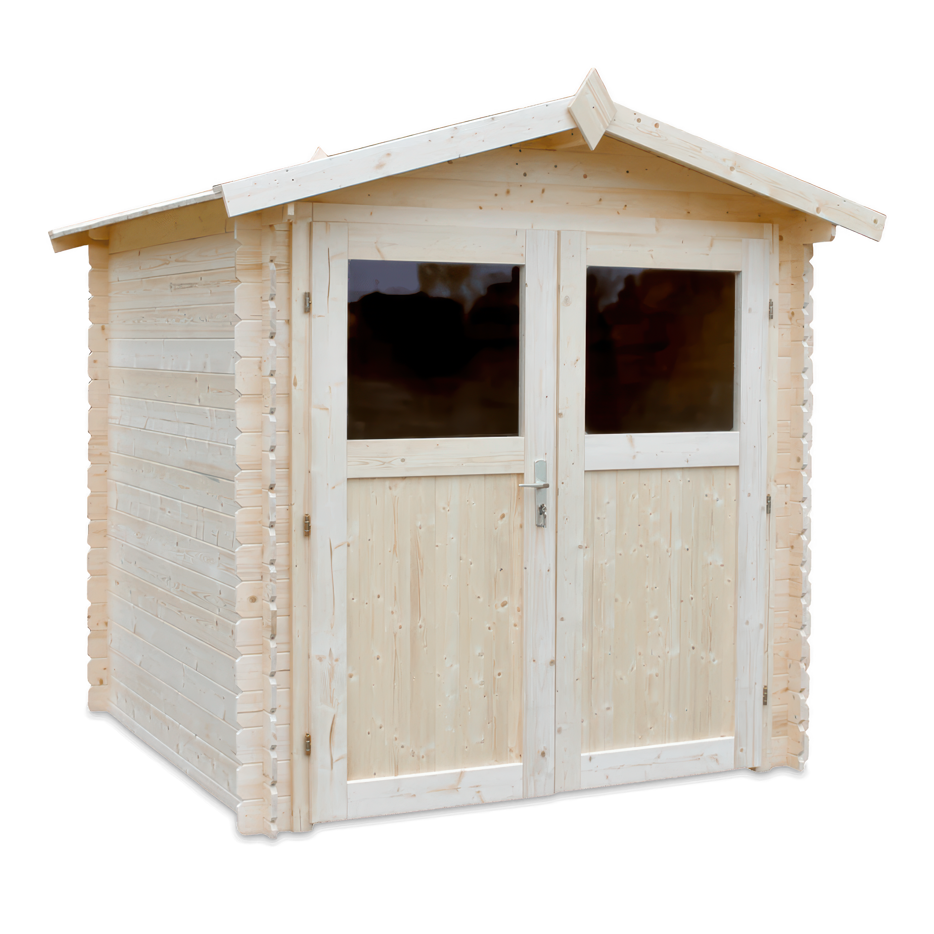 jasny drewniany domek ogrodowy z podwójnymi drzwiami i okienkami 