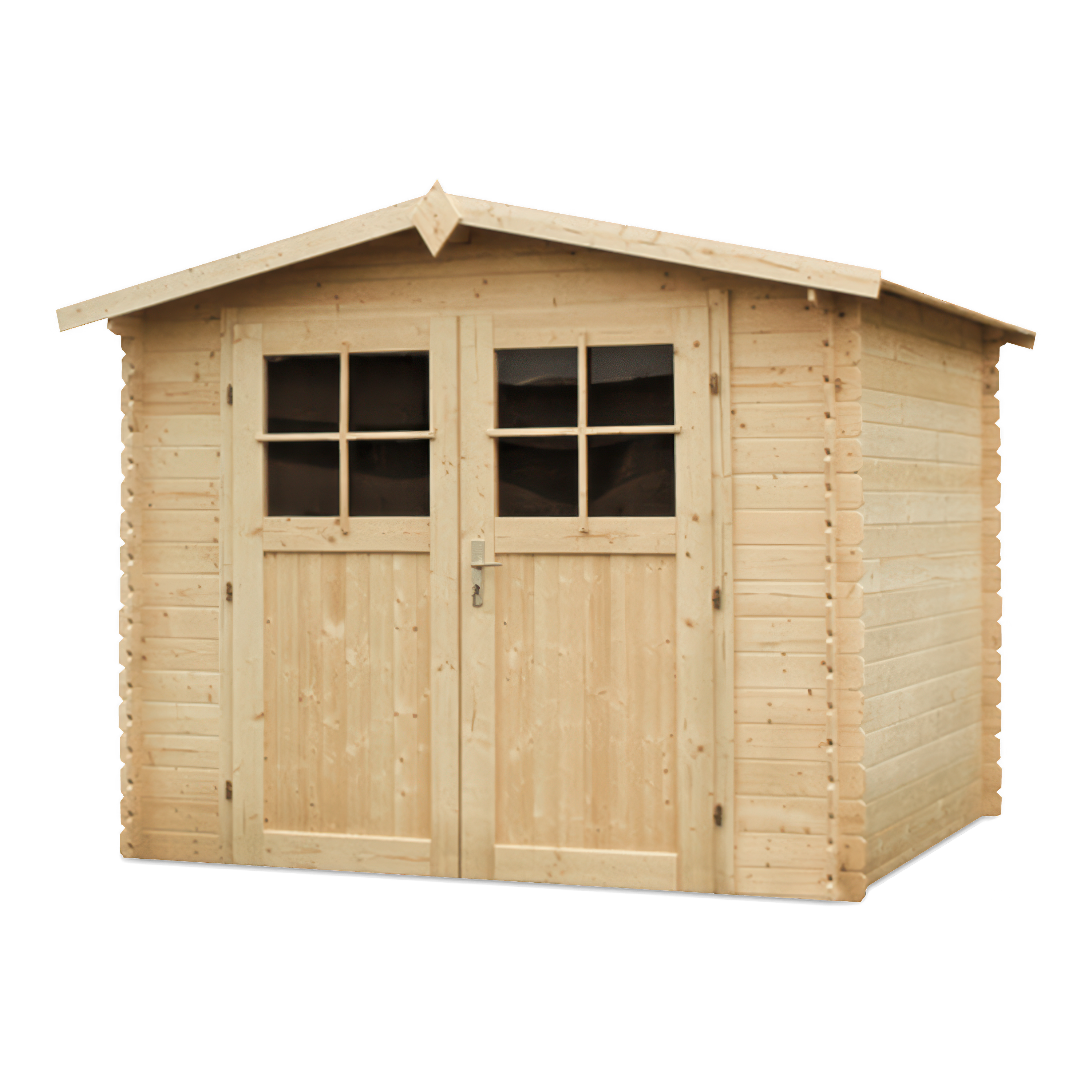 Drewniany domek ogrodowy z dwuspadowym dachem i podwójnymi drzwiami z oknami krzyżowymi