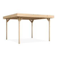 Drewniana altana ogrodowa z płaskim dachem i czterema słupami nośnymi.