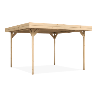 Drewniana altana ogrodowa z płaskim dachem i czterema słupami nośnymi.