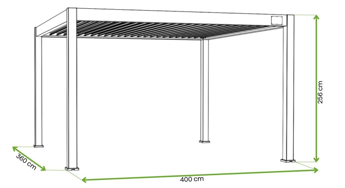 rysunek techniczny z wymiarami pergoli deluxe 3.6x4m