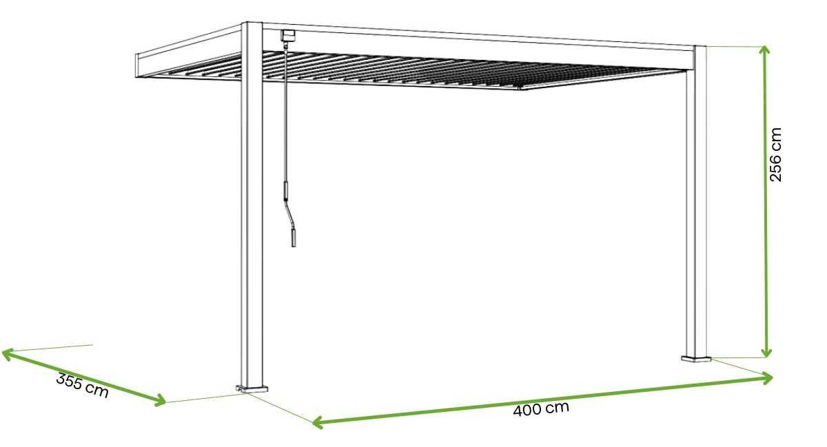 Wymiary pergoli montowanej do ściany budynku marki Gutroof Deluxe Wall 3,6x4