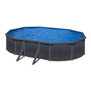 Całoroczny basen stelażowy z podparciem w kolorze szarym wypełniony wodą