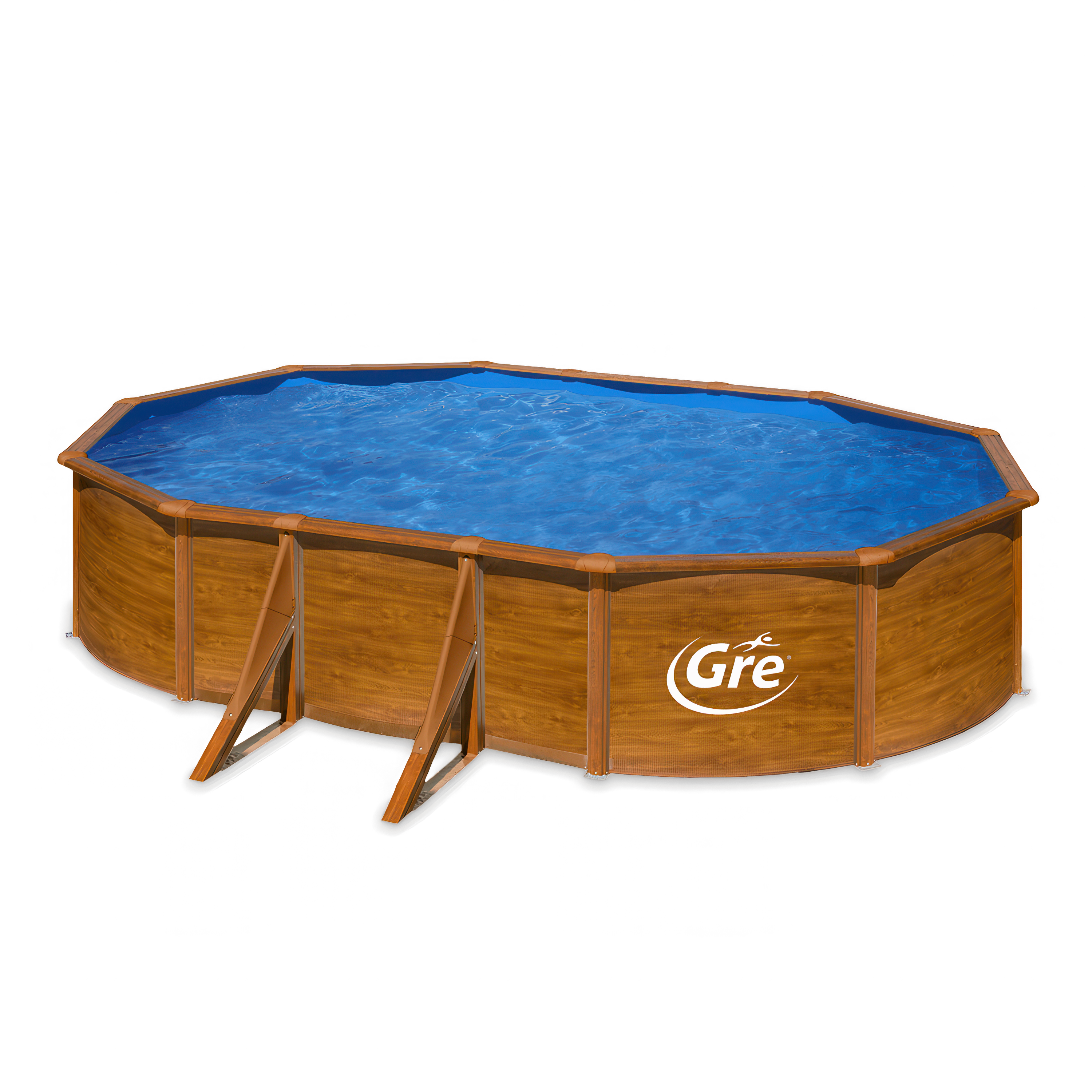 roczny basen stelażowy z podporami w kolorze brązowym wypełniony wodą