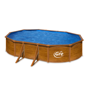 roczny basen stelażowy z podporami w kolorze brązowym wypełniony wodą