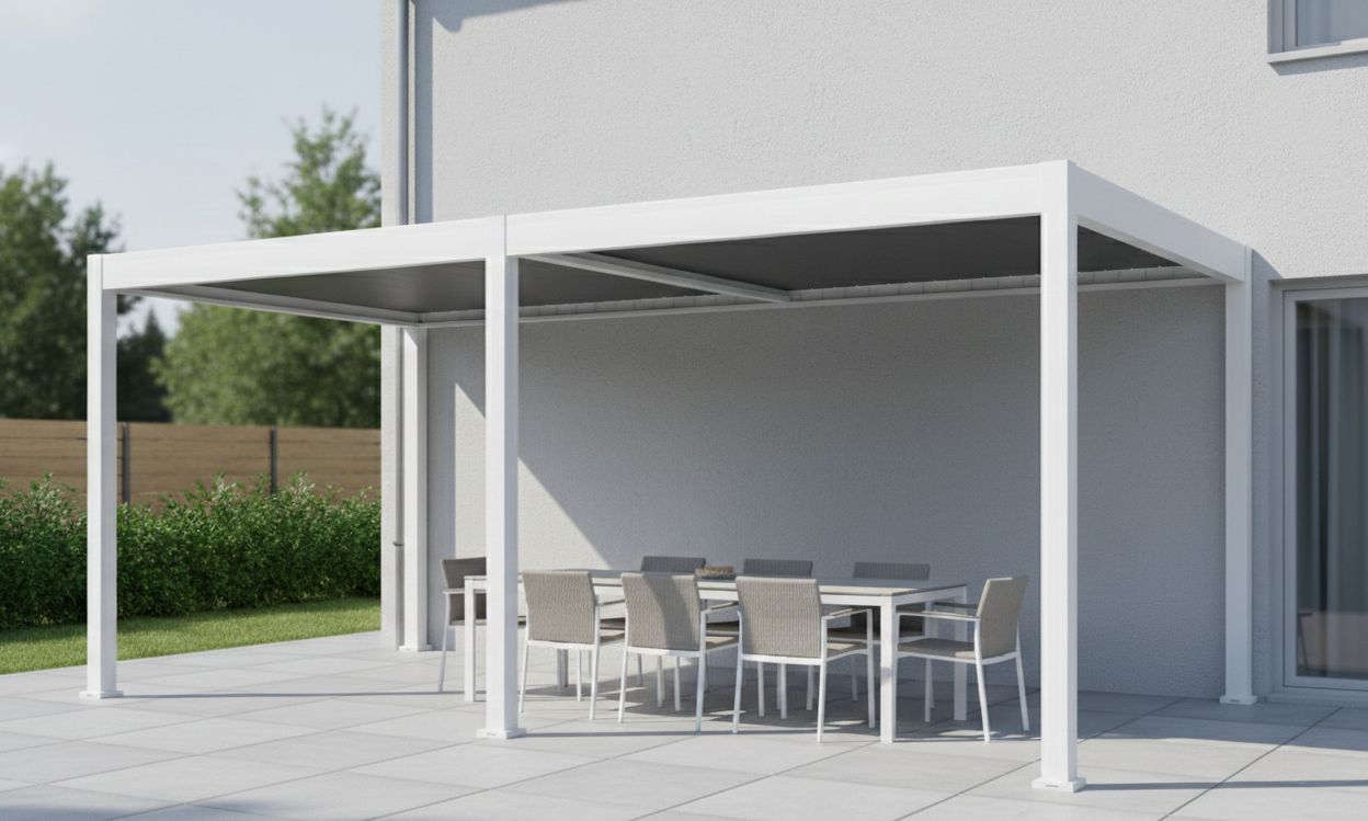Zdjęcie aranżacyjne - Automatyczna pergola tarasowa przyścienna z oświetleniem ELEGANCE WALL AUTOMATIC 3x6 White – Gutroof