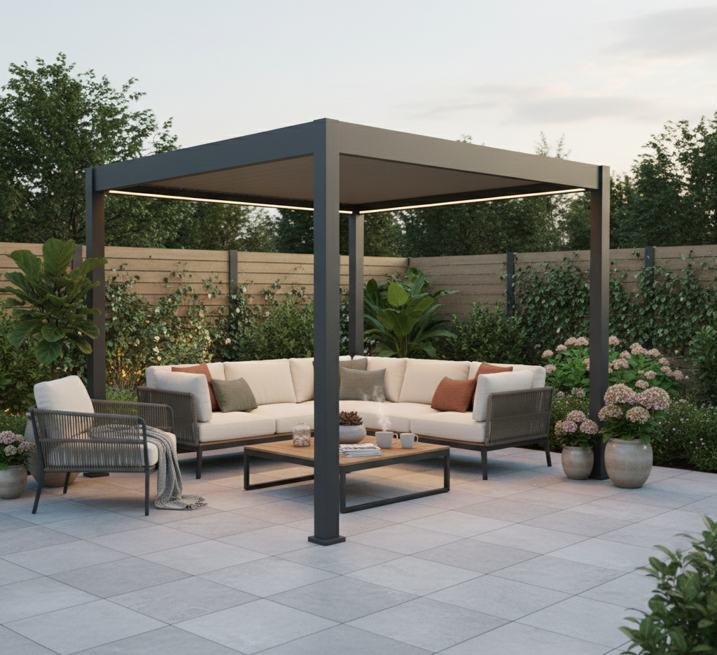 Zdjęcie aranżacyjne - Bioklimatyczna pergola z ruchomymi lamelami ELEGANCE AUTOMATIC 3x3 AnthraciteLight Grey - Gutroof