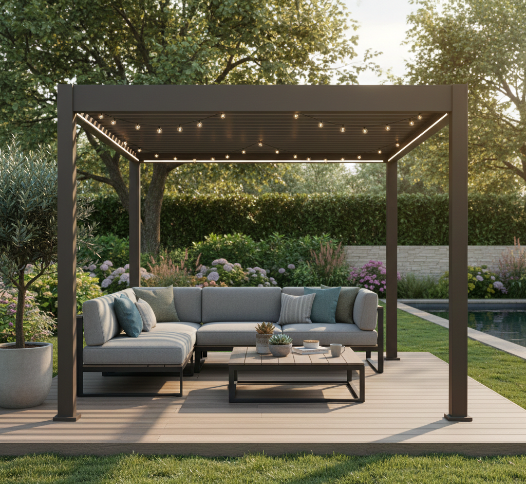 Zdjęcie aranżacyjne - Bioklimatyczna pergola z ruchomymi lamelami ELEGANCE AUTOMATIC 3x3 Taupe - Gutroof