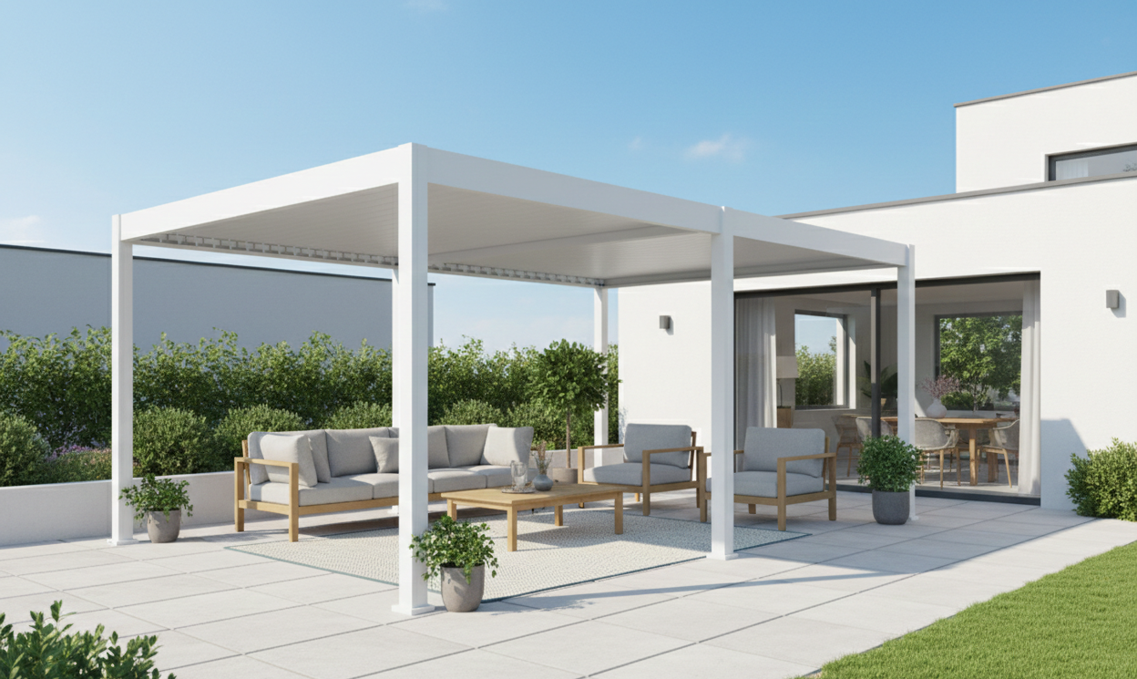Zdjęcie aranżacyjne - Pergola tarasowa DELUXE Automatic + LED 3,6x6 White - Gutroof