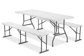 Zestaw cateringowy biały, stół + 2 ławki, 180cm